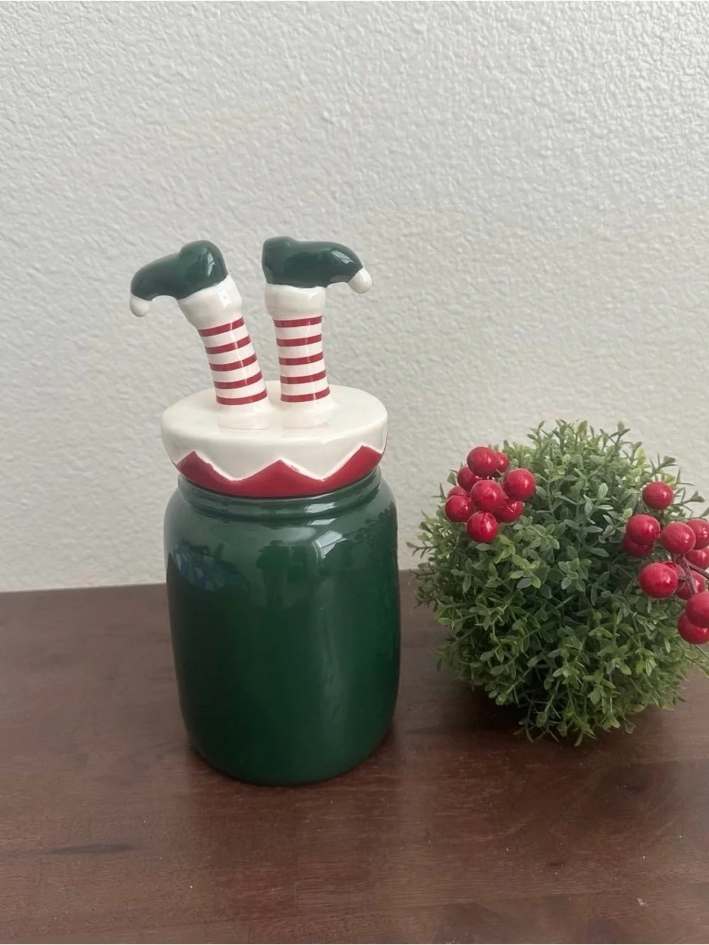 Rae Dunn SANTA'S ELF Green Figural Topper Canister NWOT